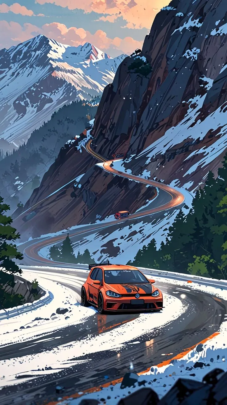 an orange car driving down a snow covered road next to trees and mountain range in the background