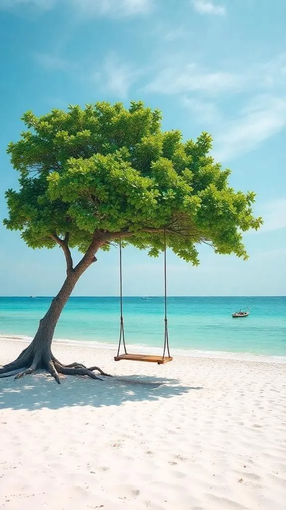 a tree with a swing hanging from it's trunk in the sand on a beach