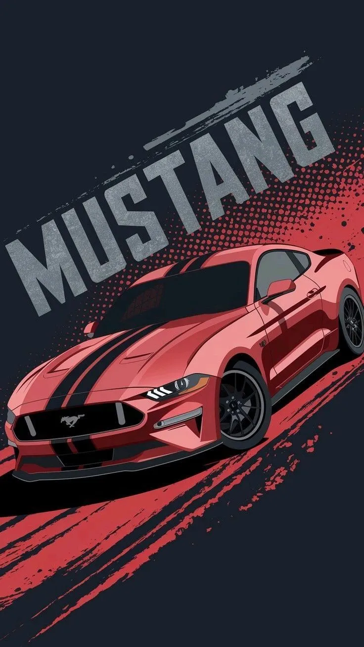 a red mustang car on a black background with the words mustang in grey and pink