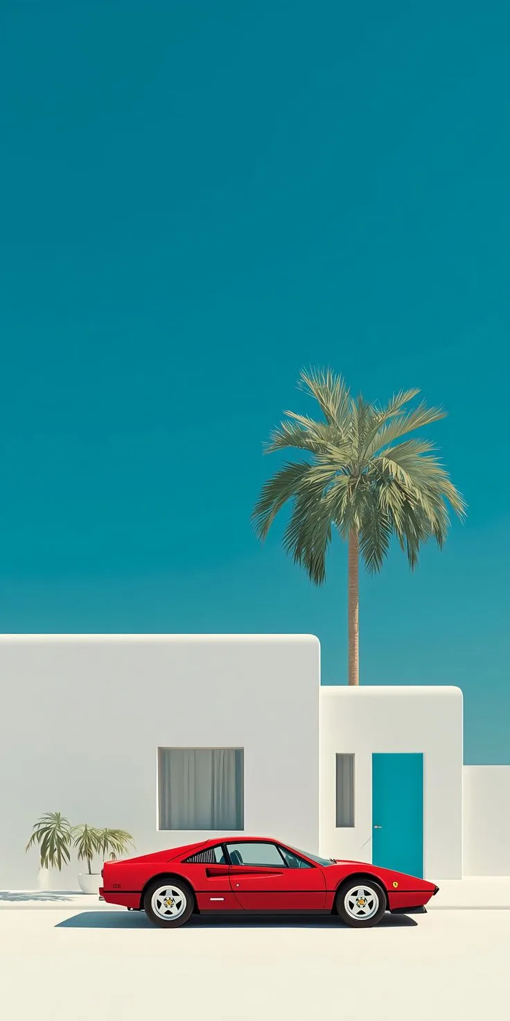 a red sports car is parked in front of a white house with a palm tree