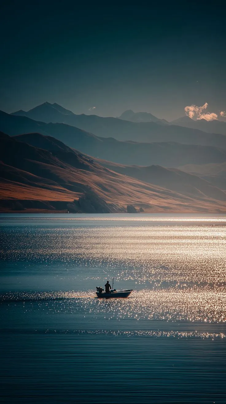 a person in a small boat on the water with mountains in the background at sunset