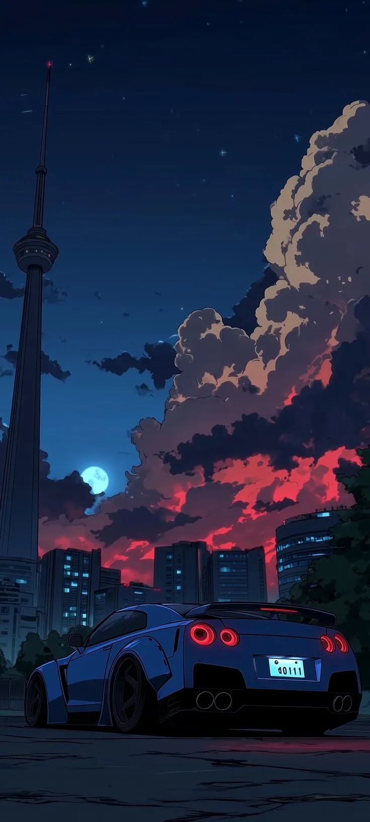 a blue sports car parked in front of a tall building at night with the moon behind it