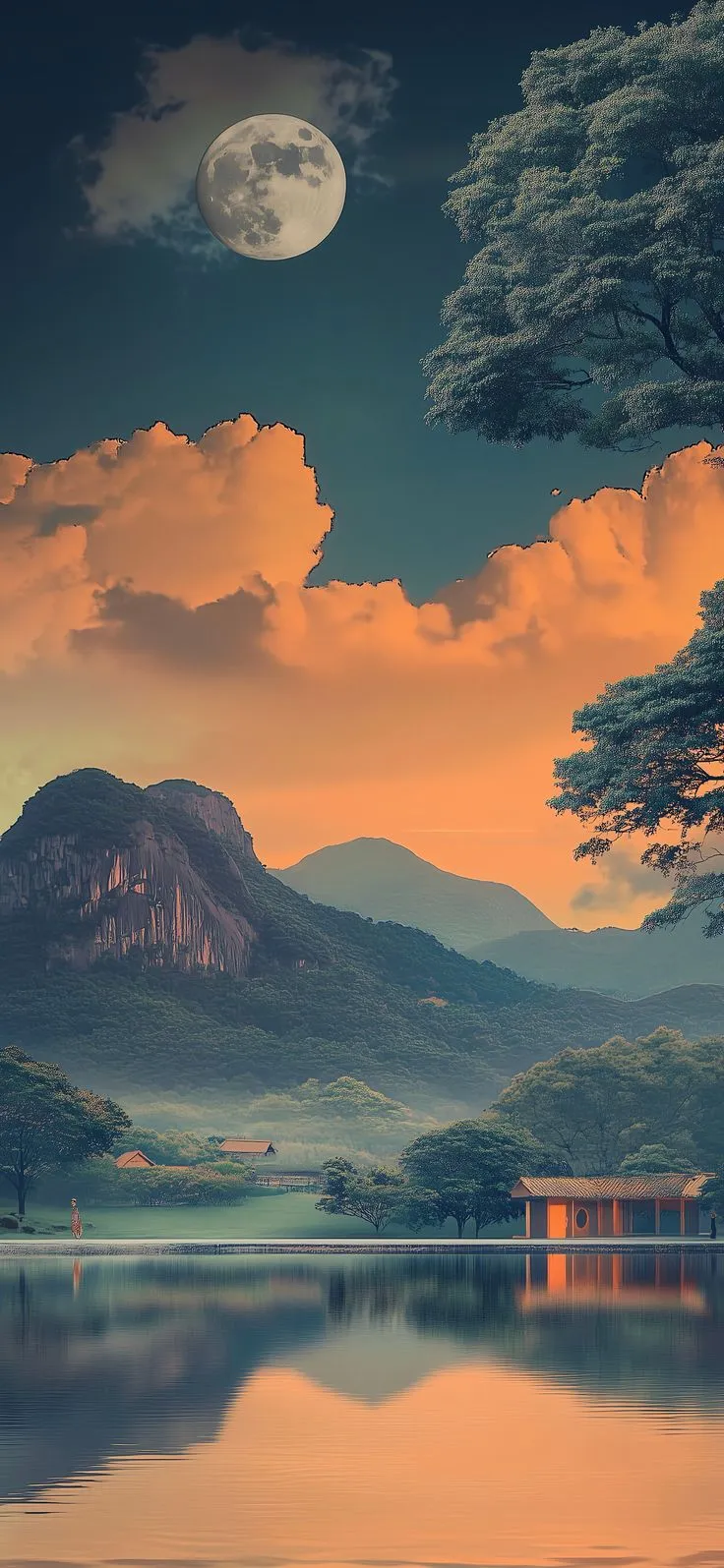 a full moon is setting over a mountain range and lake with trees in the foreground