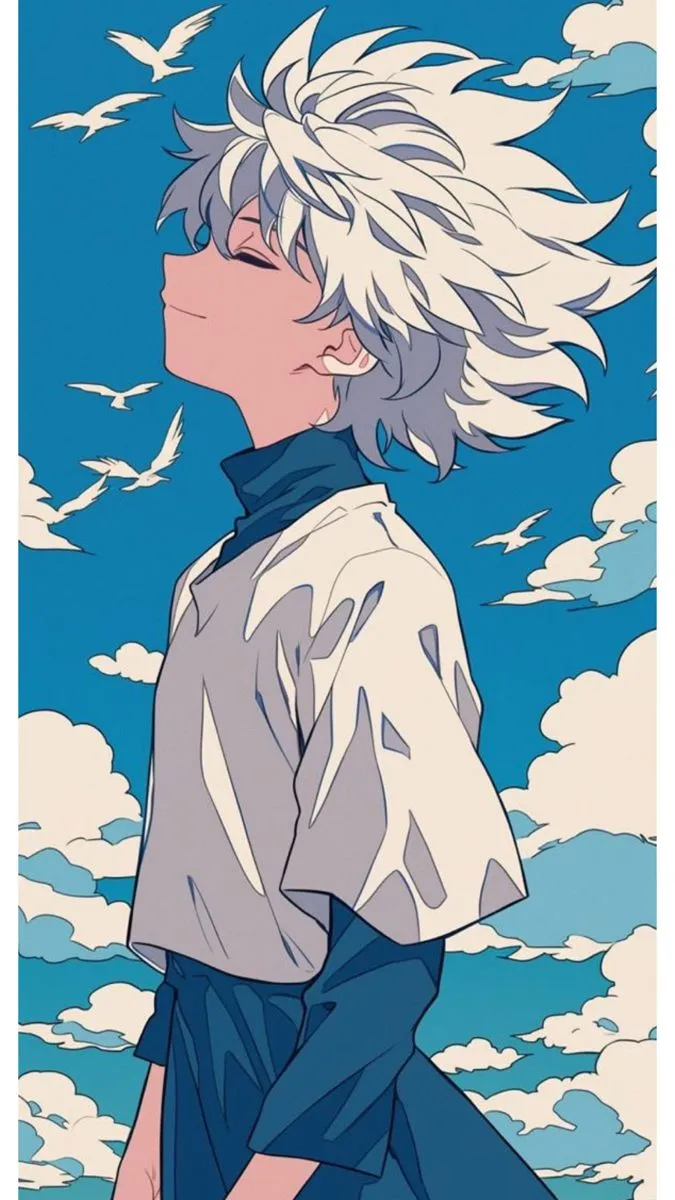 an anime character with white hair standing in front of the sky and birds flying overhead