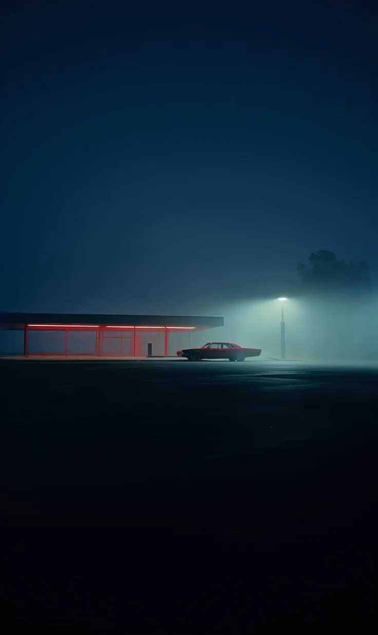 a car parked in front of a gas station on a foggy night with lights