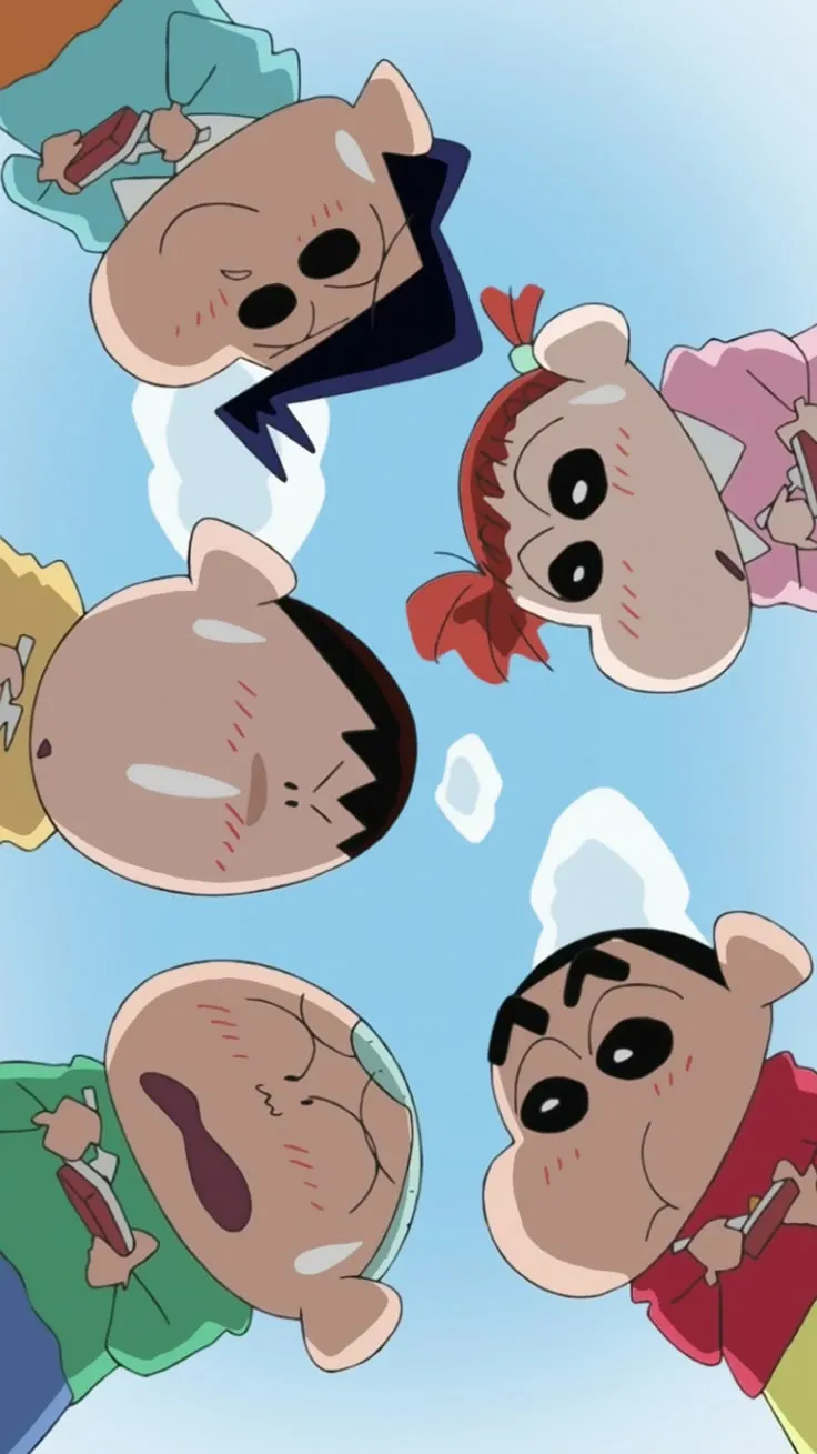 four cartoon characters are standing in a circle with their heads tilted to the side and looking up