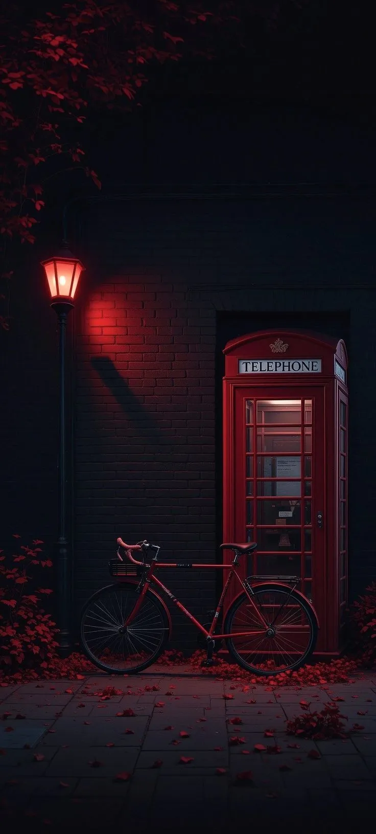a bicycle parked next to a red phone booth in the dark with leaves on the ground