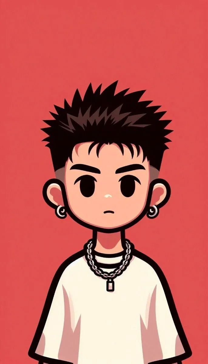 a boy with black hair and piercings standing in front of a red background