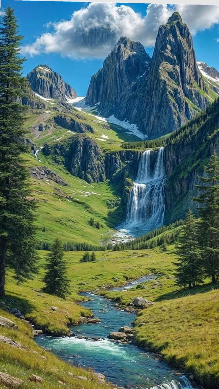 the mountains are covered in green grass and trees, with a stream running between them