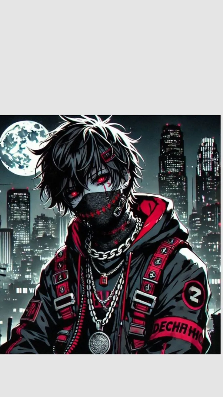 a man in black and red clothes with chains on his face, standing in front of a cityscape