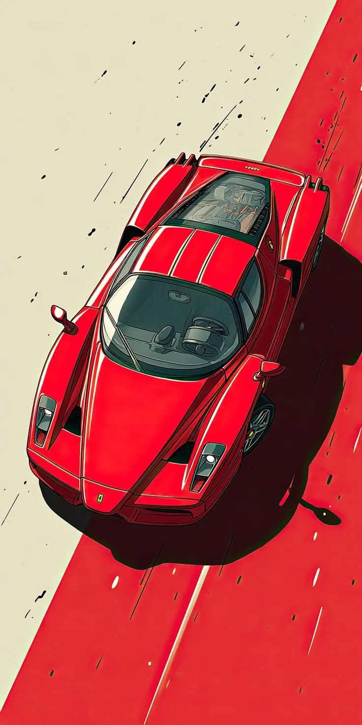 a red sports car is driving down the road