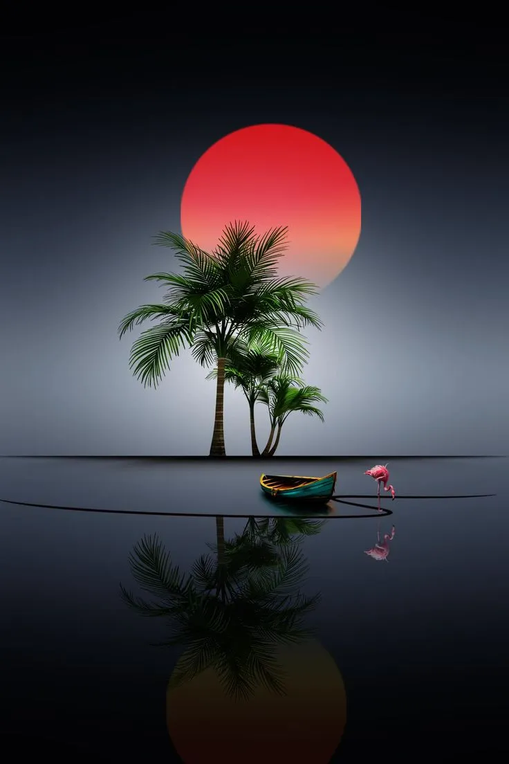 a small boat is on the water with palm trees in front of an orange and red sun