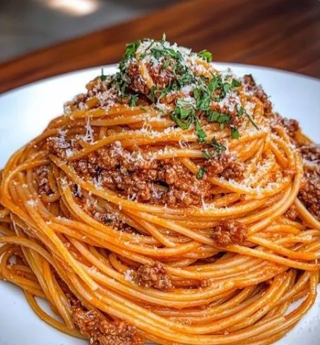 spaghetti with meat sauce and parmesan cheese on a white plate, ready to be eaten