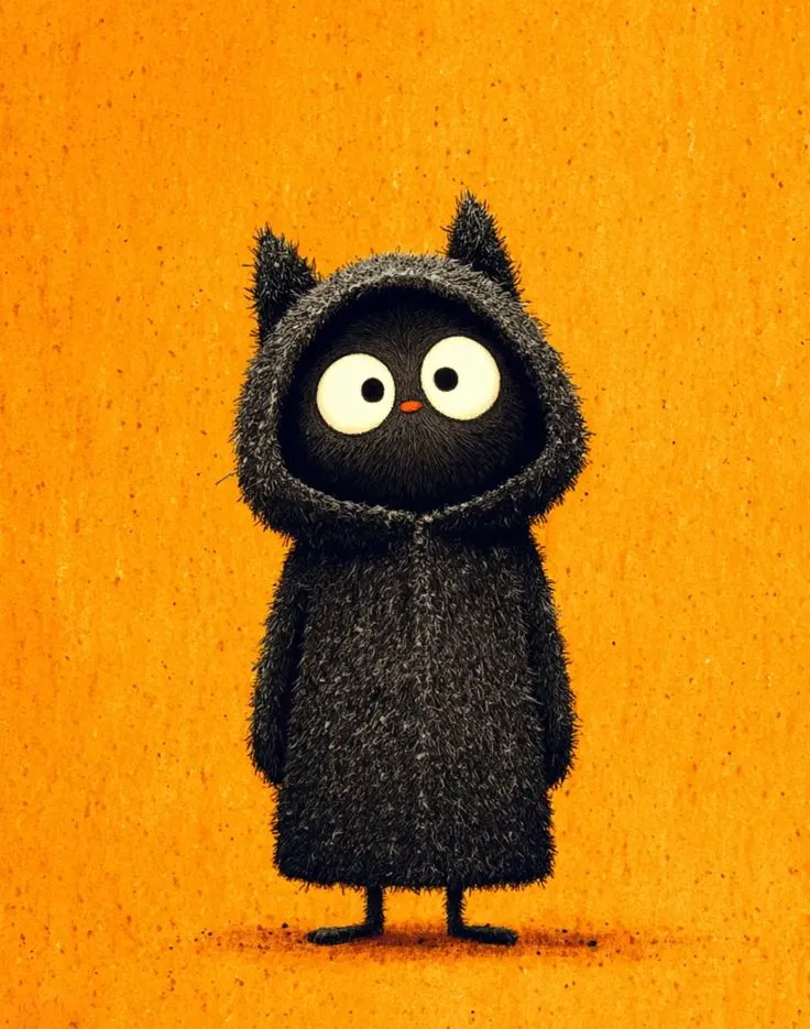 a black cat with big eyes standing in front of an orange wall