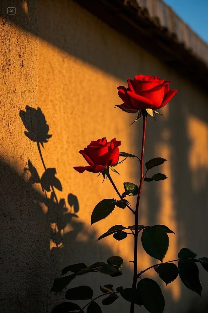 two red roses in front of a wall with the shadow of a building on it
