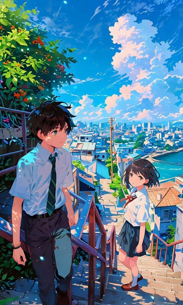 an anime scene with two people standing on stairs and looking at the water in the distance