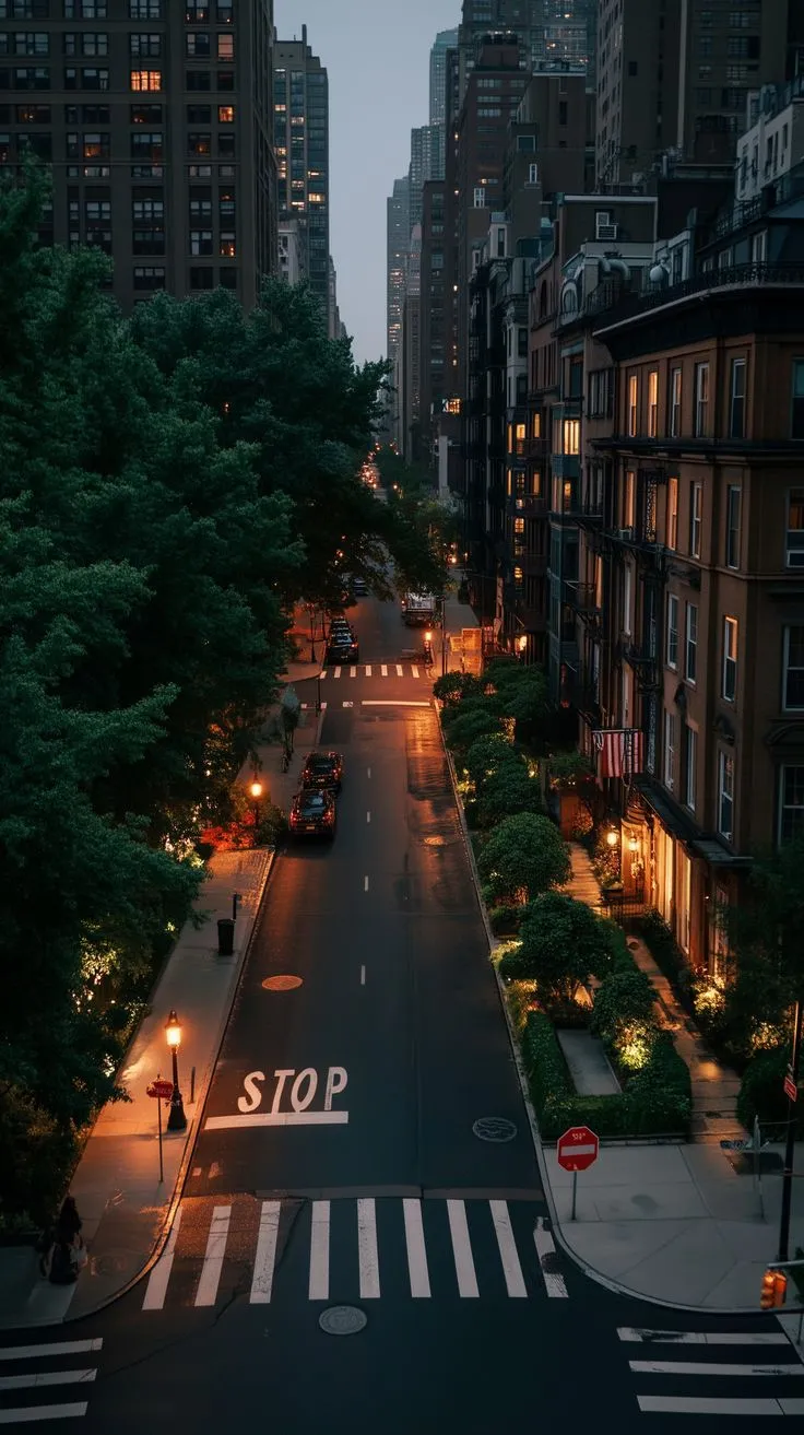 an overhead view of a city street at night with buildings and trees in the background