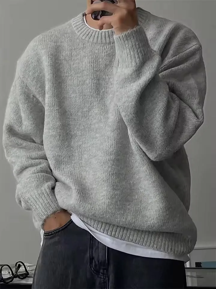 Suéter de cuello redondo para hombre, Top de punto cálido para otoño e invierno, jerséis gruesos holgados para hombre, Tops informales de Color sólido F171 2025 - AliExpress