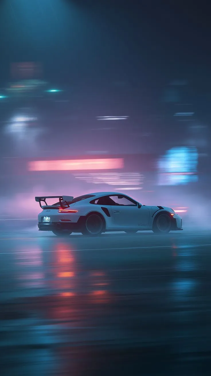 a car driving on the road at night