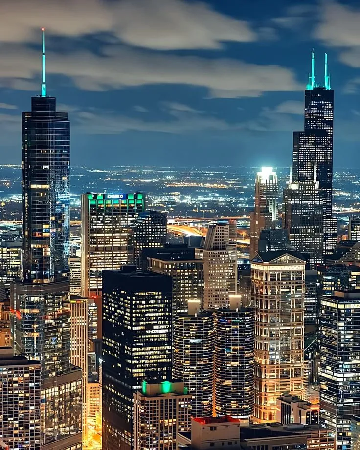 the city skyline is lit up at night with skyscrapers and other tall buildings in the foreground