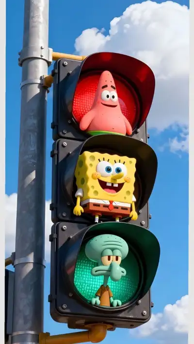 a traffic light with spongebob characters on it
