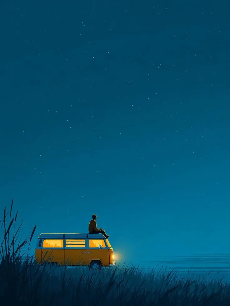 a man sitting on top of a yellow van in the middle of a field at night