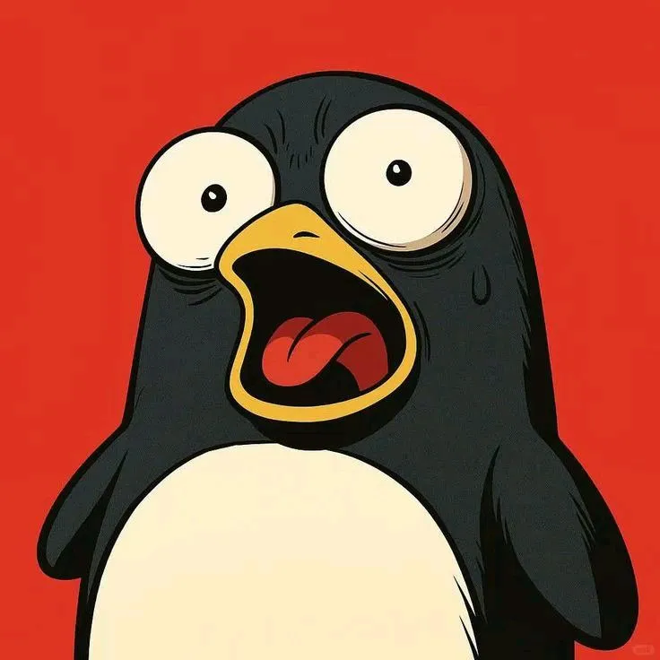 a cartoon penguin with its tongue out and eyes wide open, standing in front of a red background