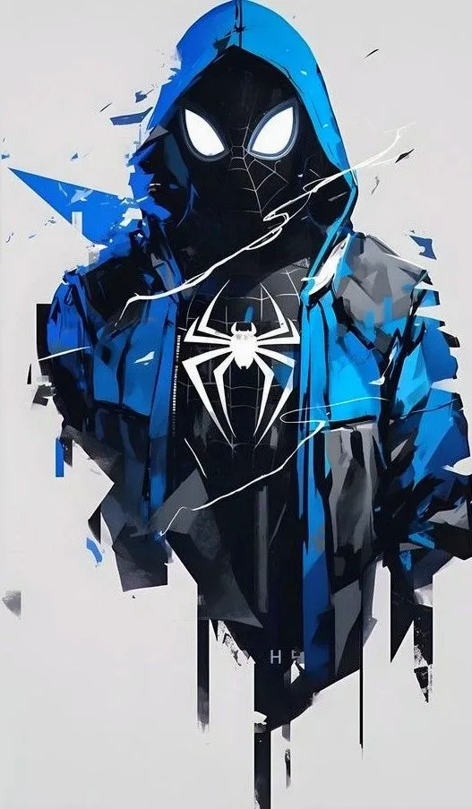 a painting of a spider man wearing a blue hoodie