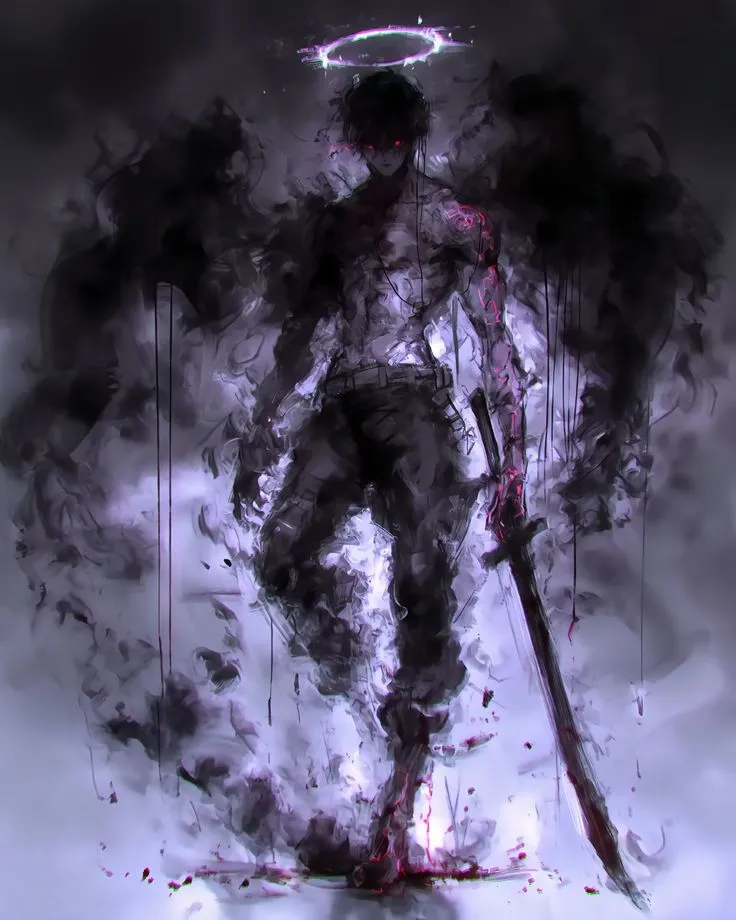 an abstract painting of a man holding a baseball bat and walking away from the camera
