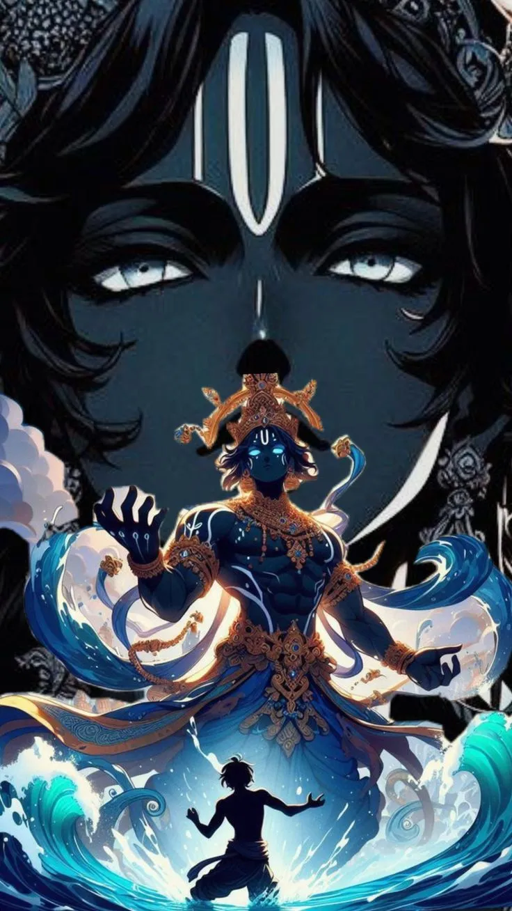 an anime character with long black hair and blue eyes, standing in front of the ocean