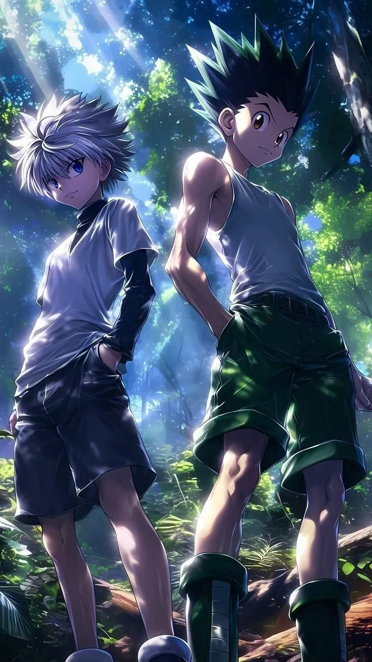 two young men standing next to each other in the woods