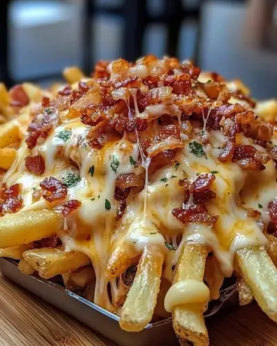 a tray filled with cheesy french fries covered in cheese and bacon on top of a wooden table