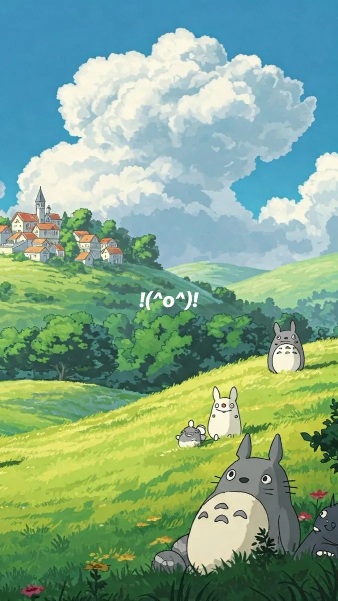 totoro and other animals are in the grass near a hill with houses on it