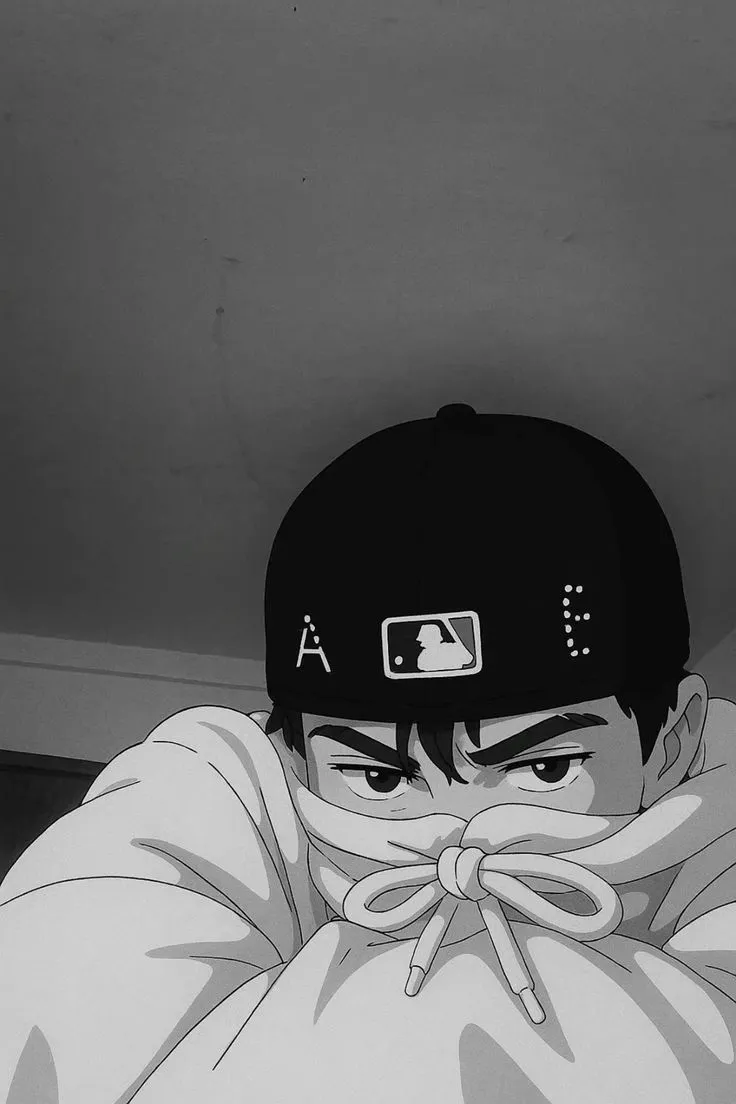 a baseball cap covering his face in front of him