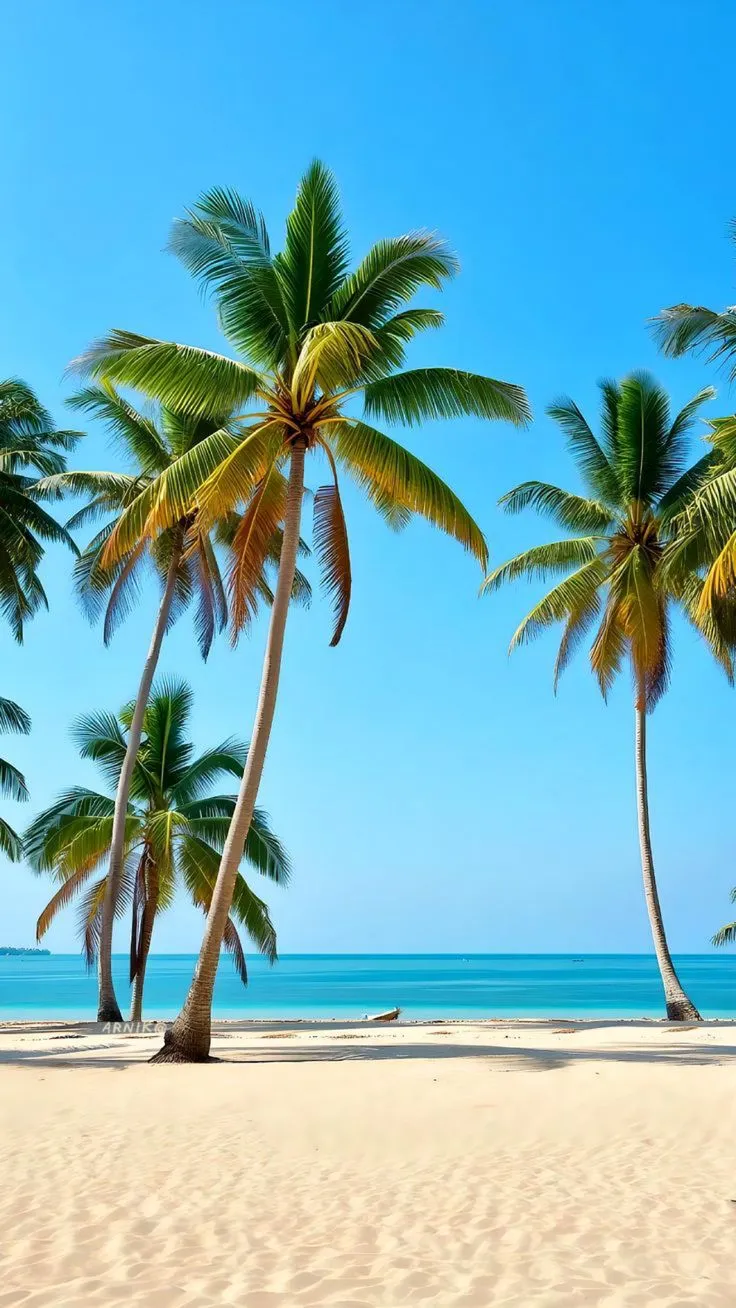 palm trees on the beach with blue water in the background