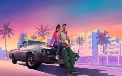 a man and woman sitting on the hood of a car in front of palm trees