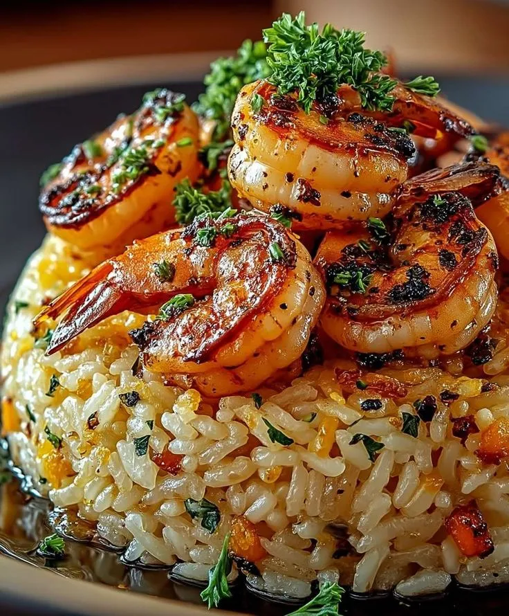 shrimp and rice with parsley garnish on a plate