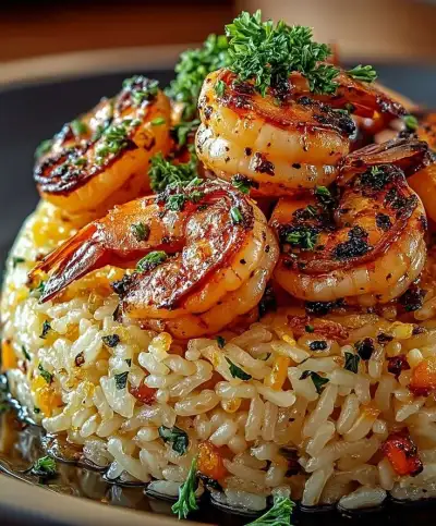 shrimp and rice with parsley garnish on a plate
