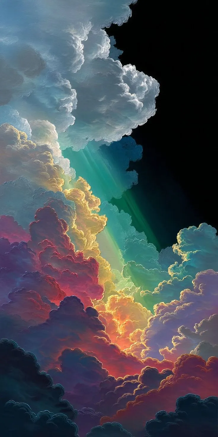 the sky is filled with colorful clouds and bright sunlight coming from behind, as if in an art work