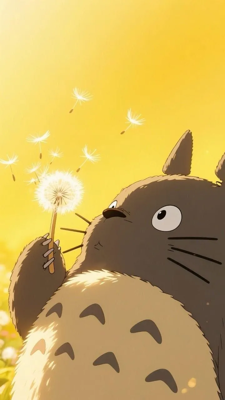 a cartoon cat holding a dandelion in its paws and looking up at the sky