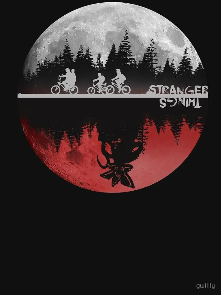 an image of a red moon with trees and people on bikes in front of it