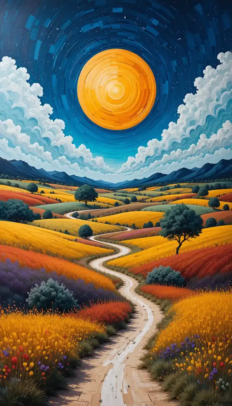 Crie uma obra inedita, A obra apresenta um cenário paisagístico intensamente saturado, onde campos se sobrepõem em planos instáveis, criando uma sensação de expansão e energia contínua. Figuras semiabstratas compoe o cenario pelo espaço como presenças int