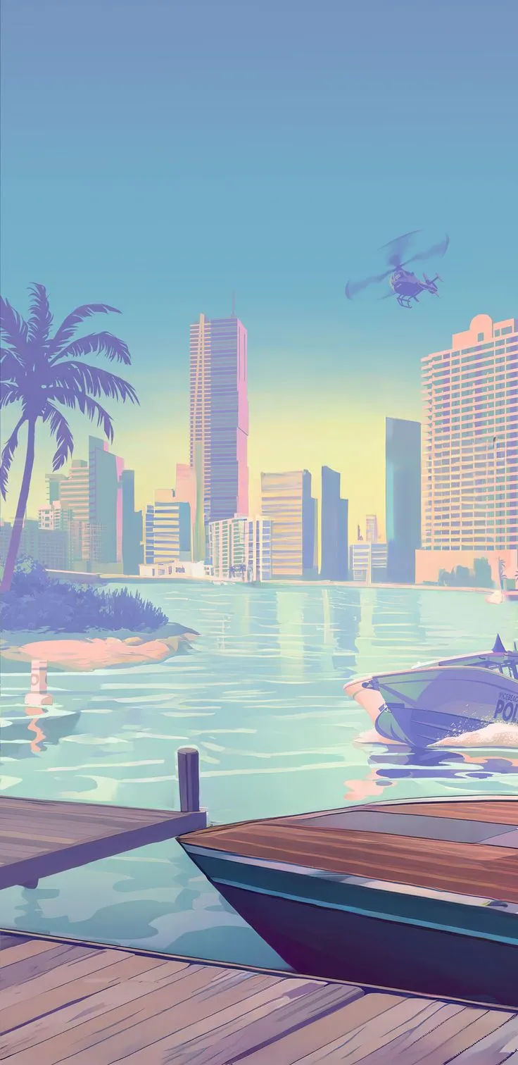 a boat on the water in front of a large city with tall buildings and palm trees