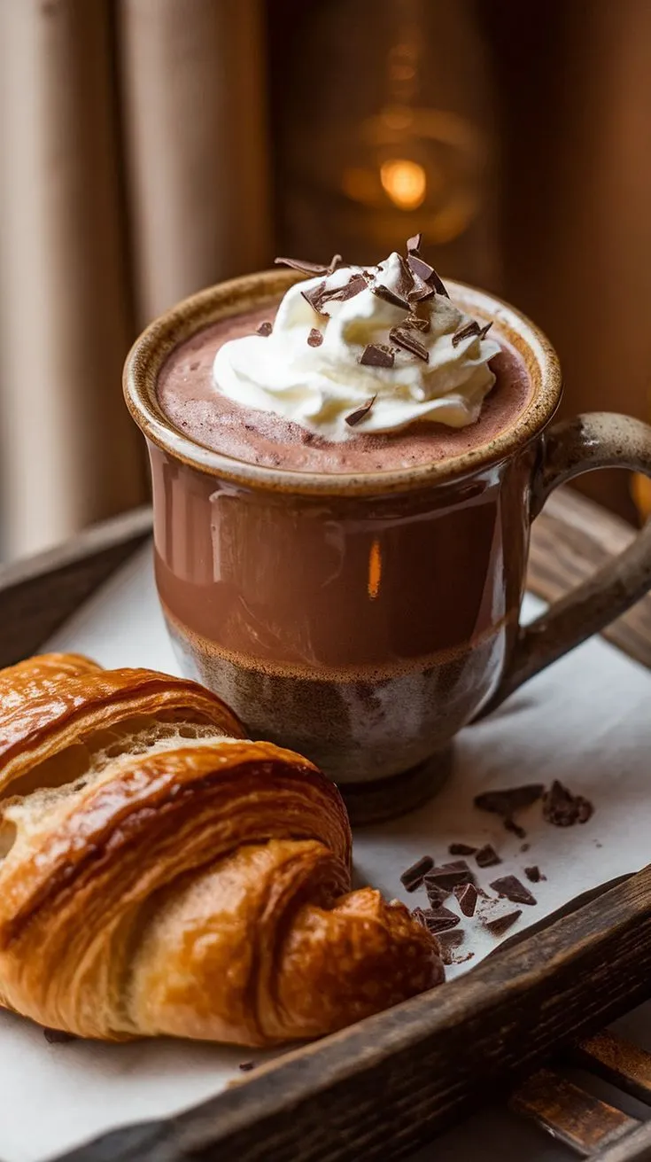 a cup of hot chocolate with whipped cream and croissants on a tray