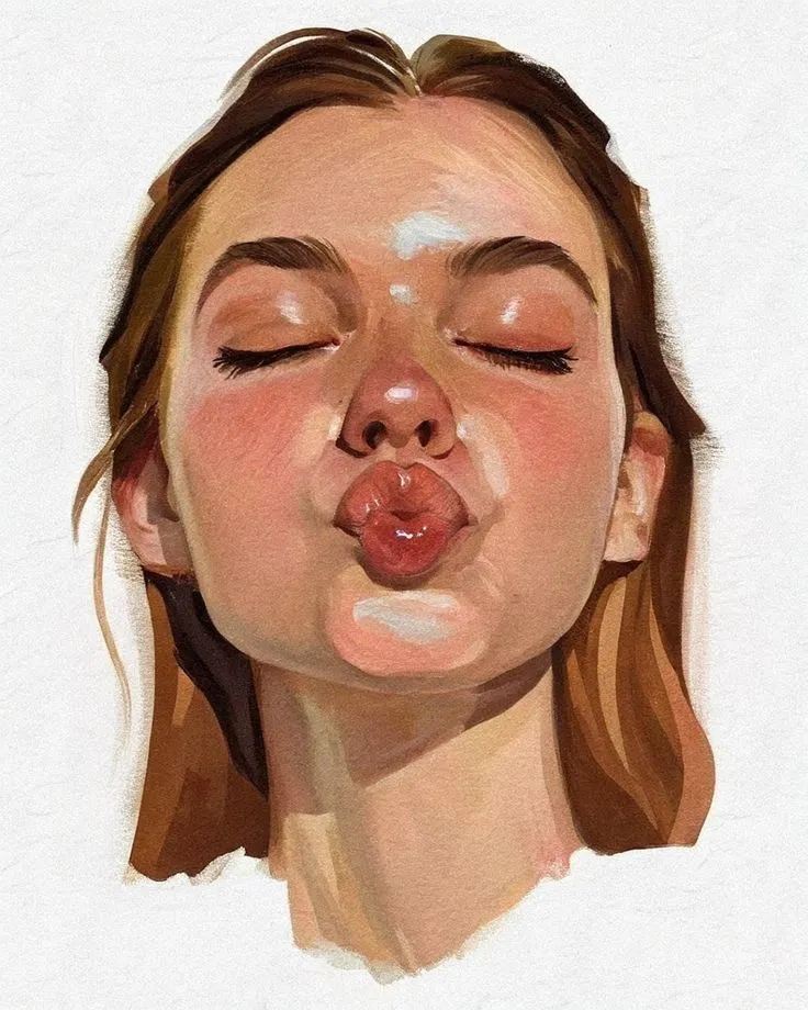 a painting of a woman making a funny face with her eyes closed and tongue out