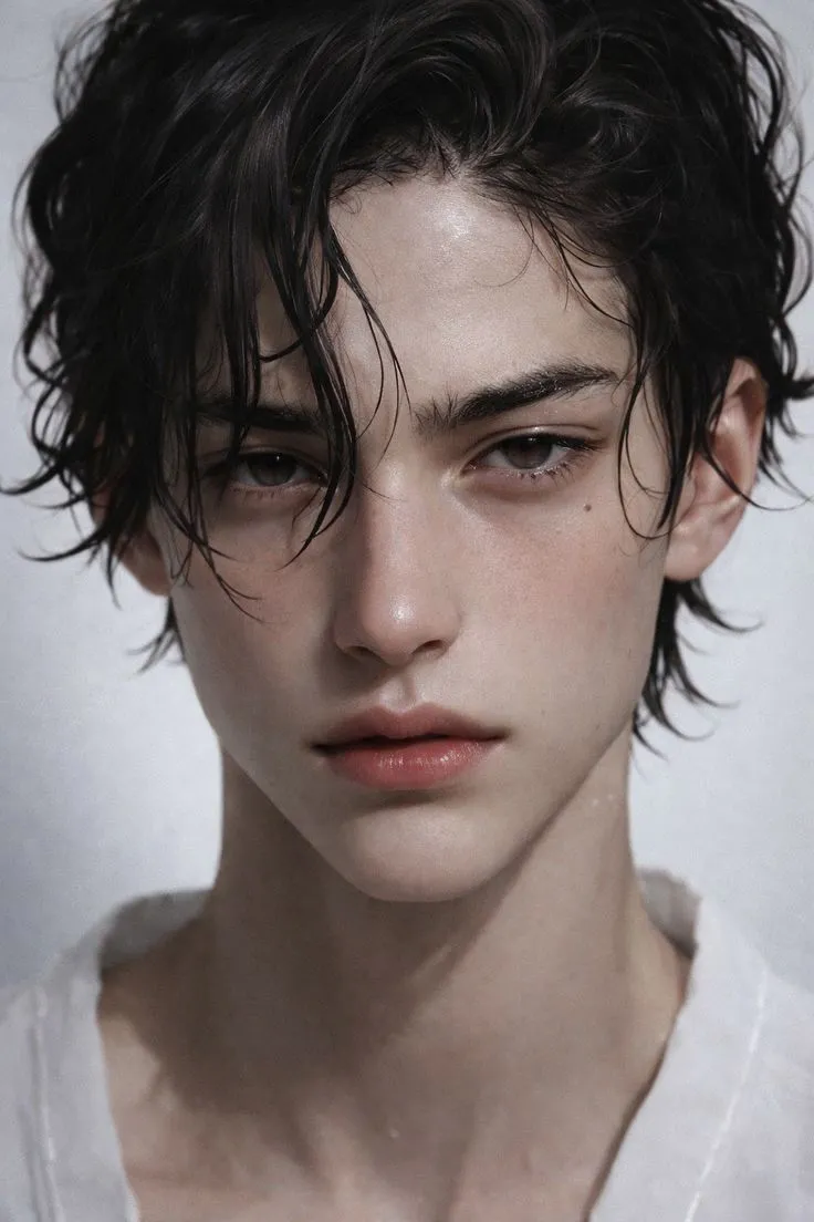 a close up of a person wearing a white shirt and black hair with frecks on his head