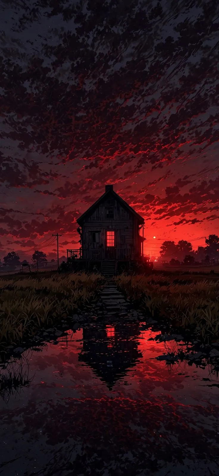 a house sitting on top of a lush green field under a red sky with clouds