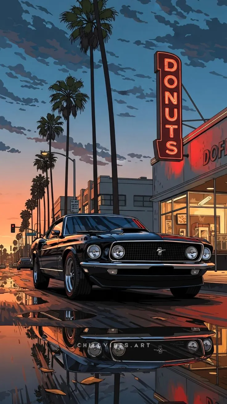 a car is parked in front of a donut shop at sunset with palm trees
