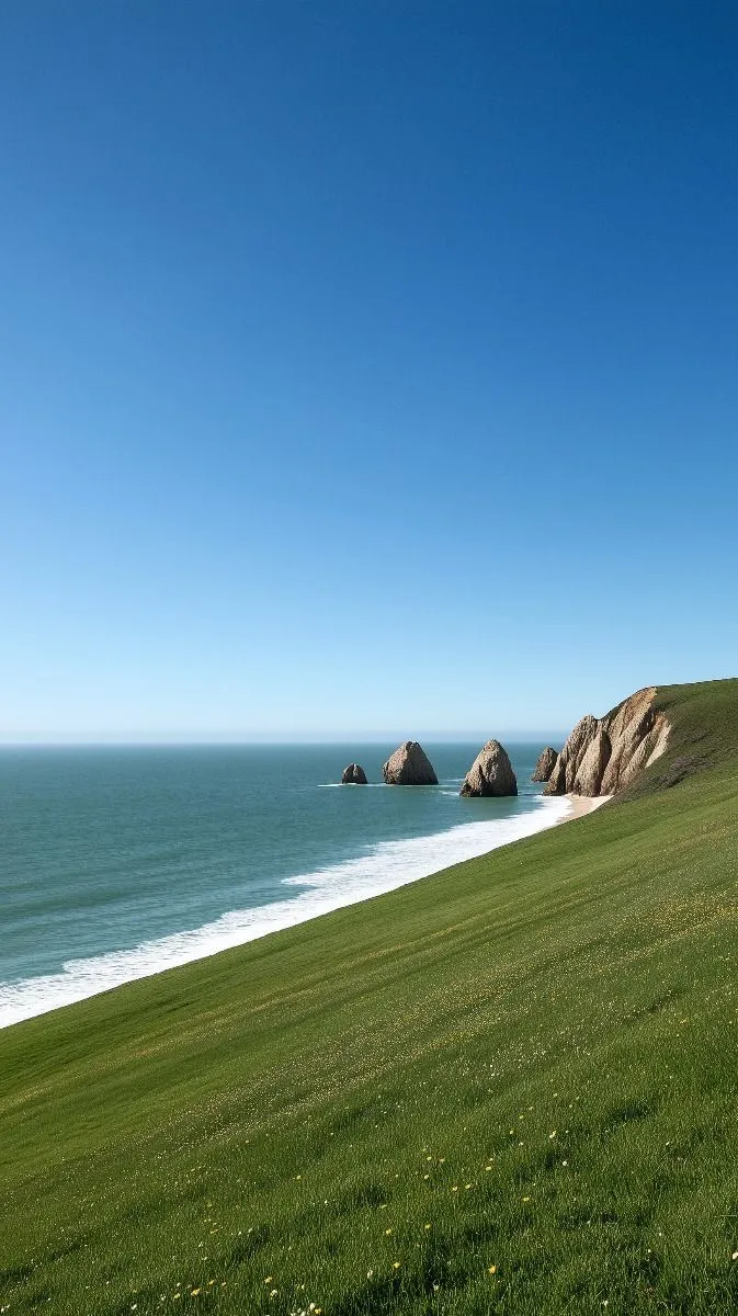 a grassy field next to the ocean with two large rocks in the water and grass on both sides