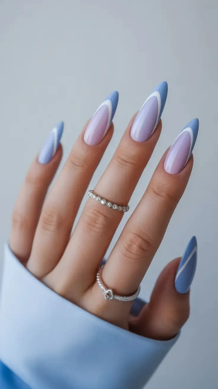 Stiletto Nail Designs 2026: Lavender and Blue Layered Contour French
